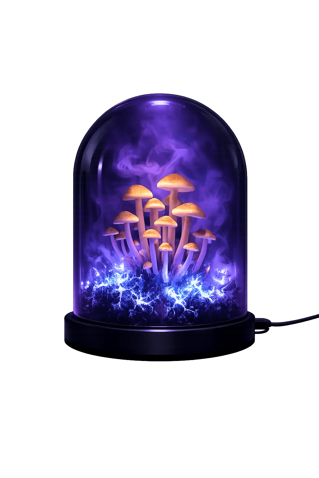 The Void Core mushroom cultivation dome with glowing mushrooms under UV-C light
