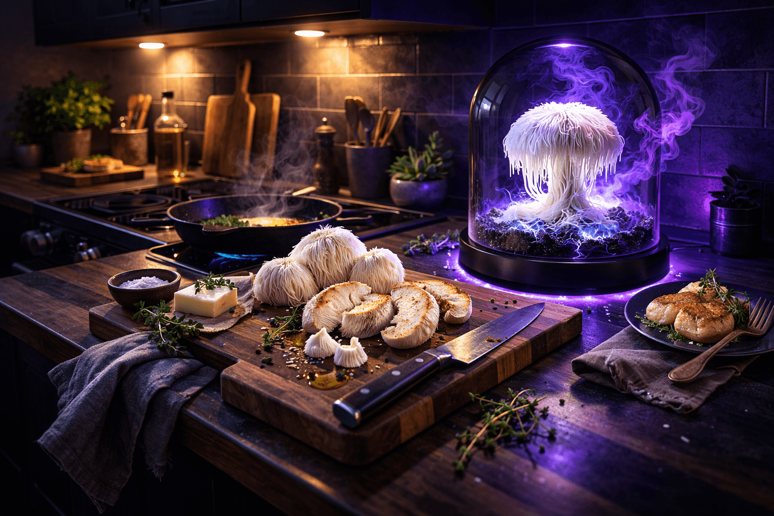 Void Core dome growing Lion's Mane mushrooms on a kitchen countertop