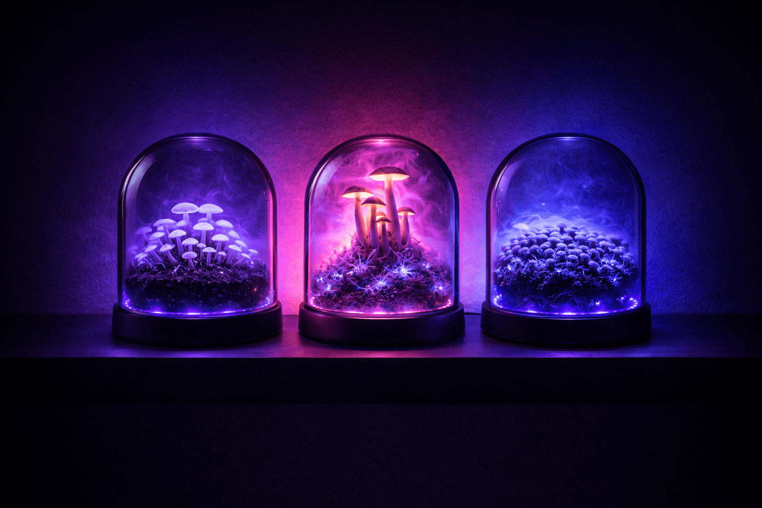 Three Void Core dome variants with different mushroom species glowing under UV light
